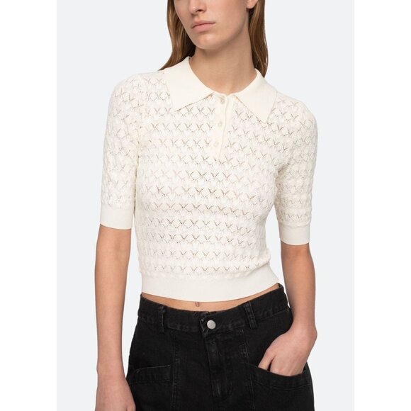SEA NY New York Rue Fine Gauge Knit Short Sleeve Polo Sweater Off White Size XS - Picture 1 of 5